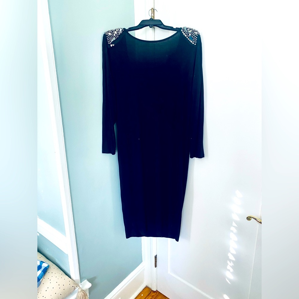 ASOS curve black knit evening dress with bejeweled shoulder detail. Midi length